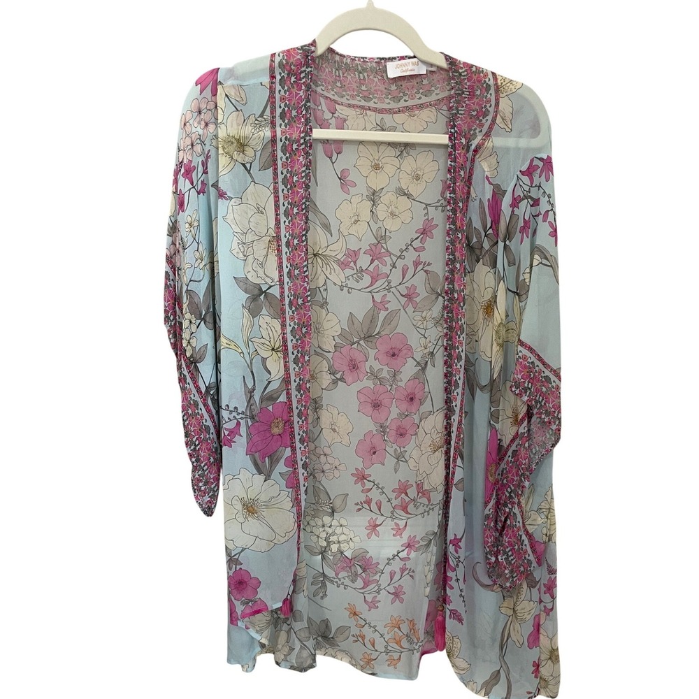 Johnny Was Size S 100% Silk Blue Pink Floral Open Kimono Topper Tassel